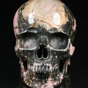 Huge 5.0" Pink & Black Rhodonite Carved Crystal Skull, Realistic